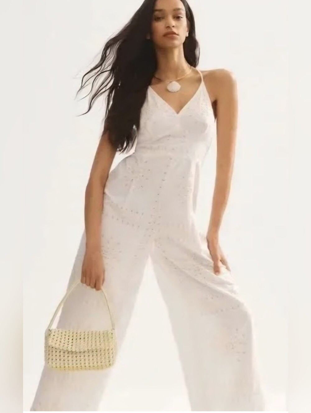 Ranna Gill Ivory Eyelet Wide-Leg Spaghetti-Strap Jumpsuit